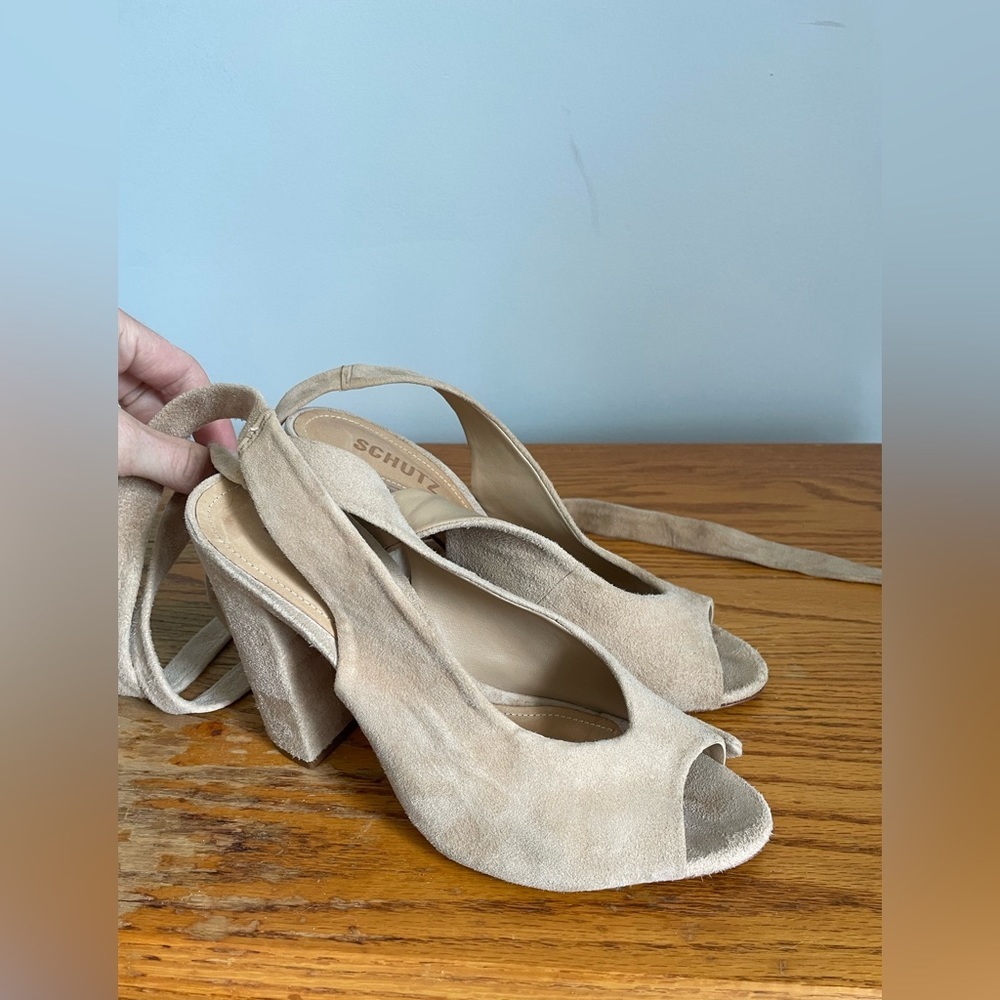 SCHUTZ Nude Suede Peep-Toe Ankle Tie Block Heel - Picture 2 of 6